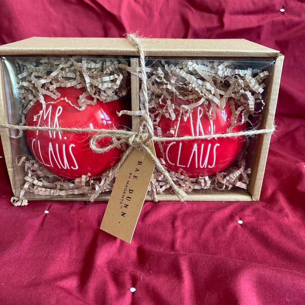Rae Dunn red “Mr Claus & Mrs Claus” ornaments